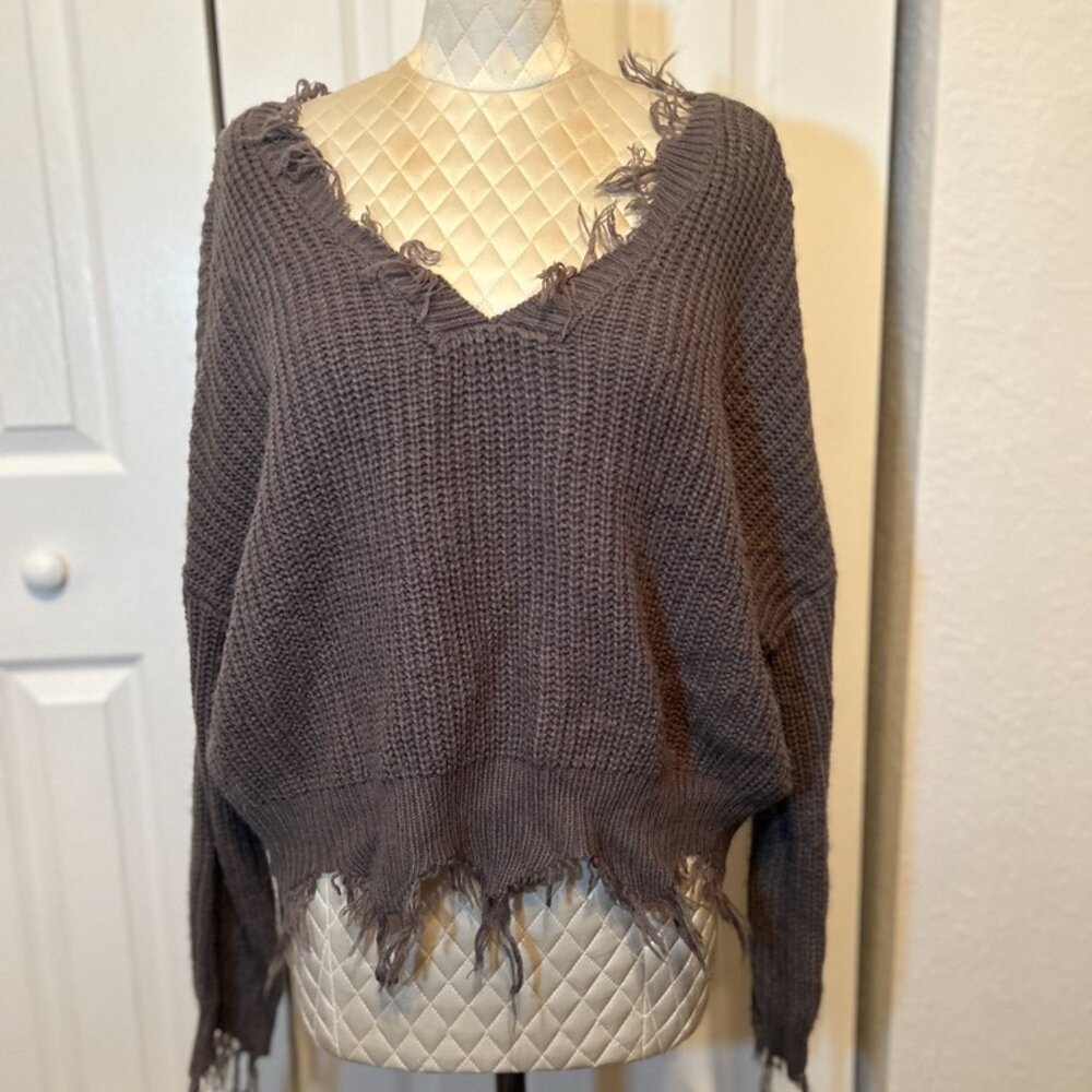 Princess Polly Distressed Sweater Gray V Neck Frayed Knit Pullover, Size L